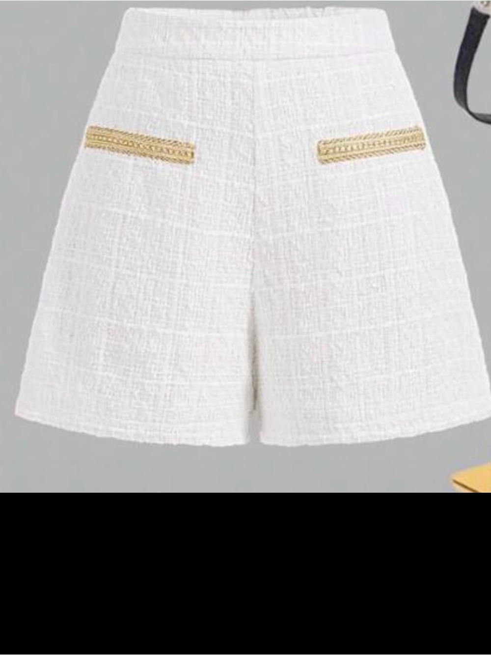 SHEIN White Tweed High-Waist Shorts with Gold Pocket Trim